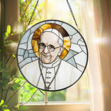 Pope Francis Stained Glass Suncatcher, Catholic Window Hanging, Religious Round Glass Art, Christian Home Decor Gift for Believers