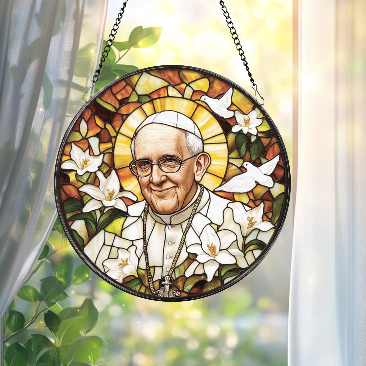 Catholic Pope Francis Glass Panel, Christian Stained Glass Suncatcher, Religious Gift for Home, Chapel, or Prayer Room Decor
