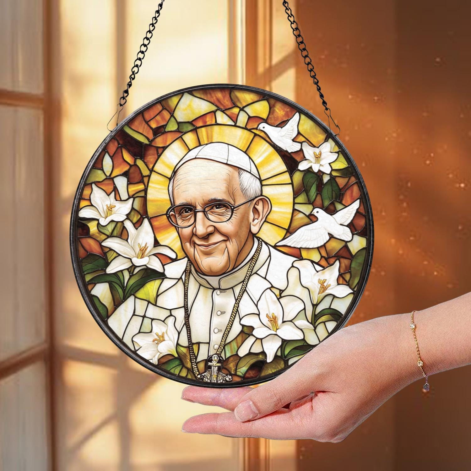 Catholic Pope Francis Glass Panel, Christian Stained Glass Suncatcher, Religious Gift for Home, Chapel, or Prayer Room Decor