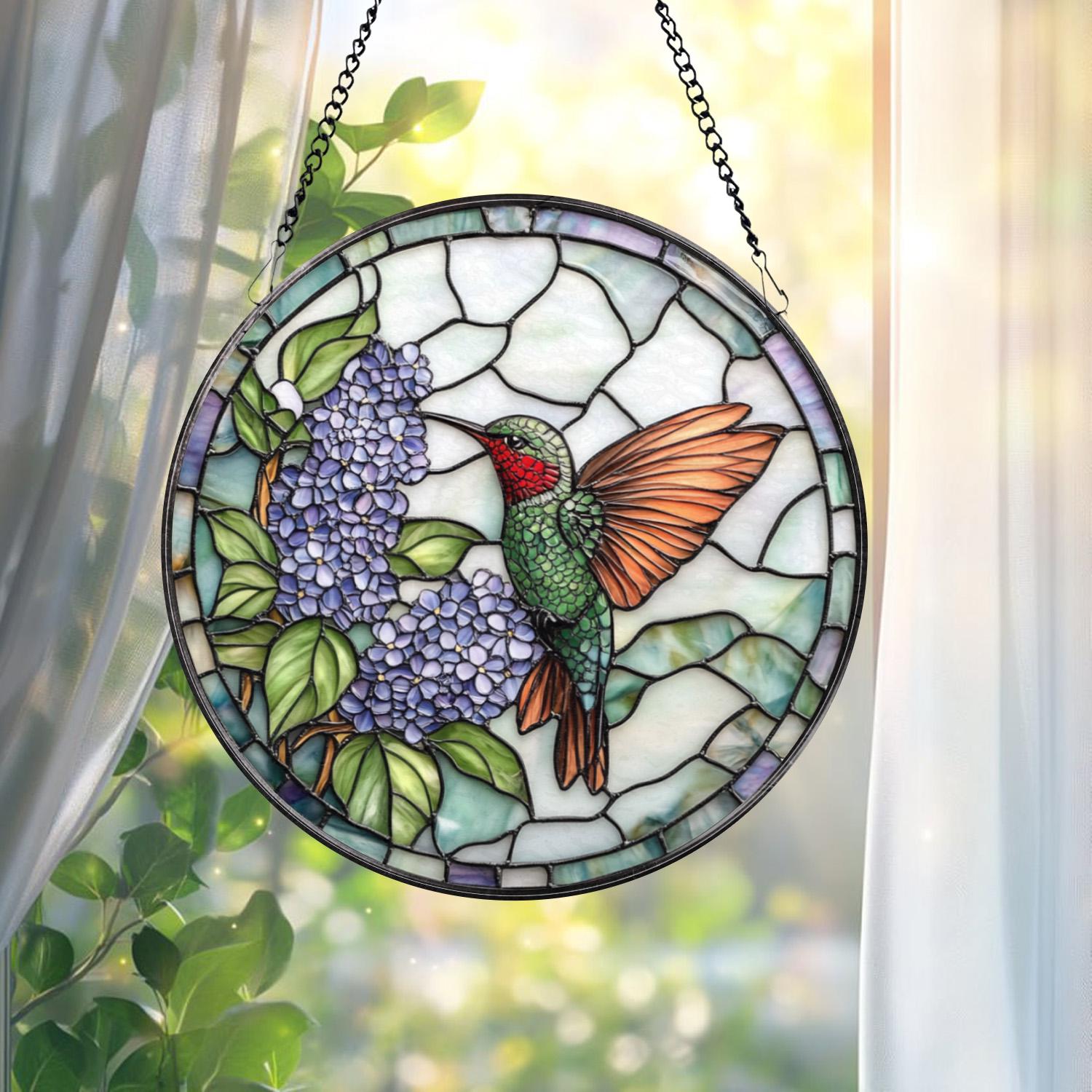 Hummingbird Stained Glass Suncatcher, Purple Lilac Window Hanging, Round Floral Glass Panel, Nature Gift for Garden & Bird Lovers