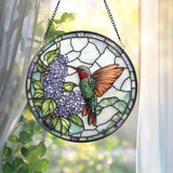 Hummingbird Stained Glass Suncatcher, Purple Lilac Window Hanging, Round Floral Glass Panel, Nature Gift for Garden & Bird Lovers