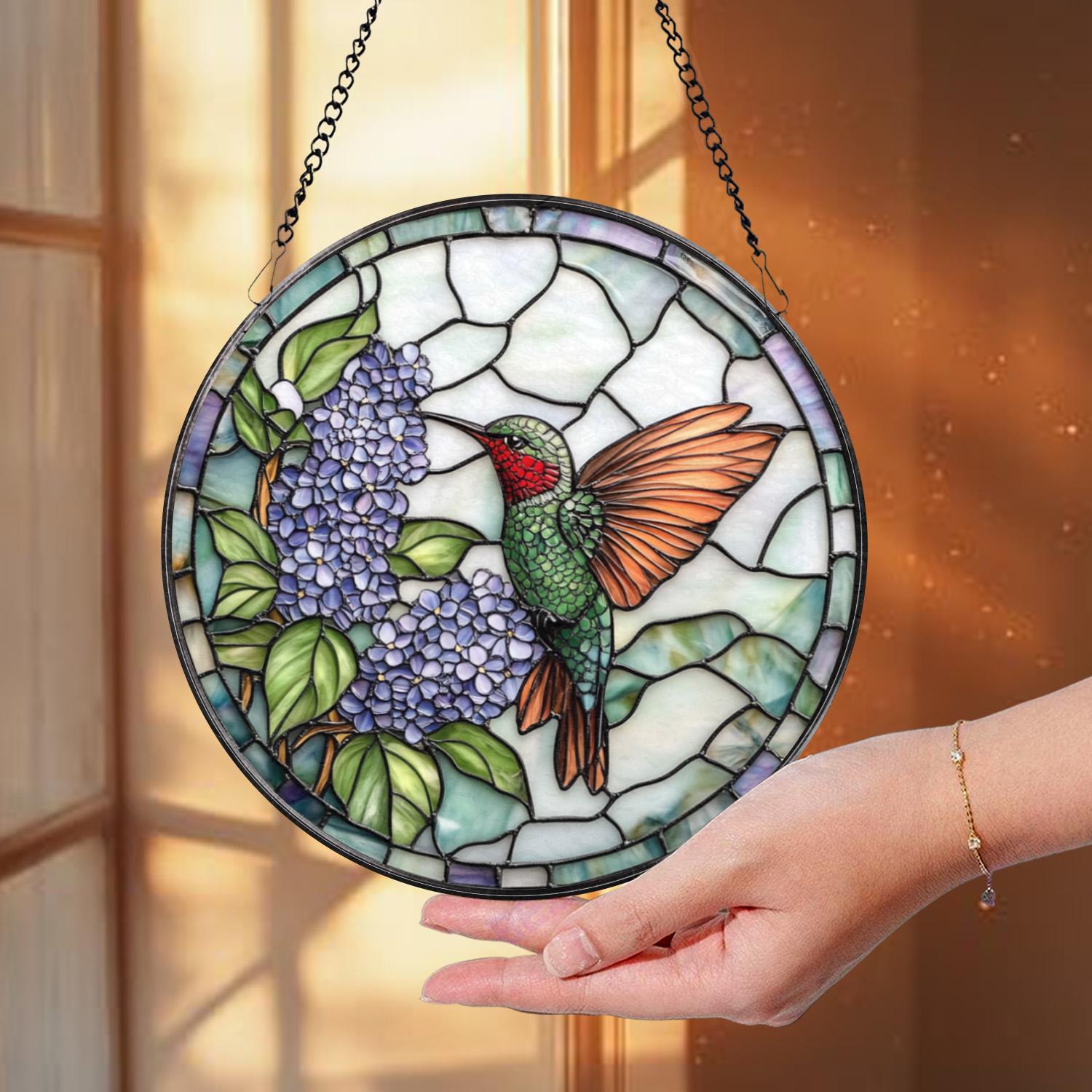 Hummingbird Stained Glass Suncatcher, Purple Lilac Window Hanging, Round Floral Glass Panel, Nature Gift for Garden & Bird Lovers