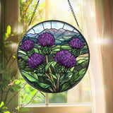 Scottish Thistle Stained Glass Suncatcher, Highland Floral Window Hanging, Purple Flower Round Panel, Nature Gift for Garden & Celtic Lovers