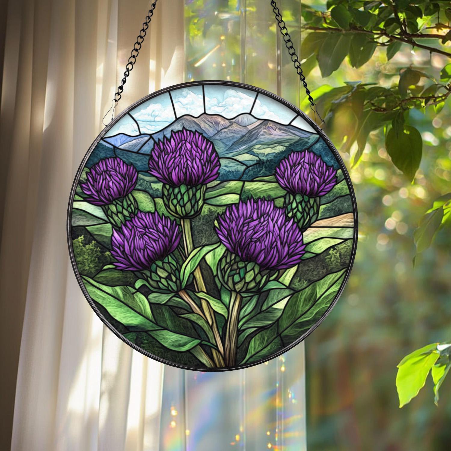Scottish Thistle Stained Glass Suncatcher, Highland Floral Window Hanging, Purple Flower Round Panel, Nature Gift for Garden & Celtic Lovers