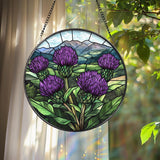 Scottish Thistle Stained Glass Suncatcher, Highland Floral Window Hanging, Purple Flower Round Panel, Nature Gift for Garden & Celtic Lovers