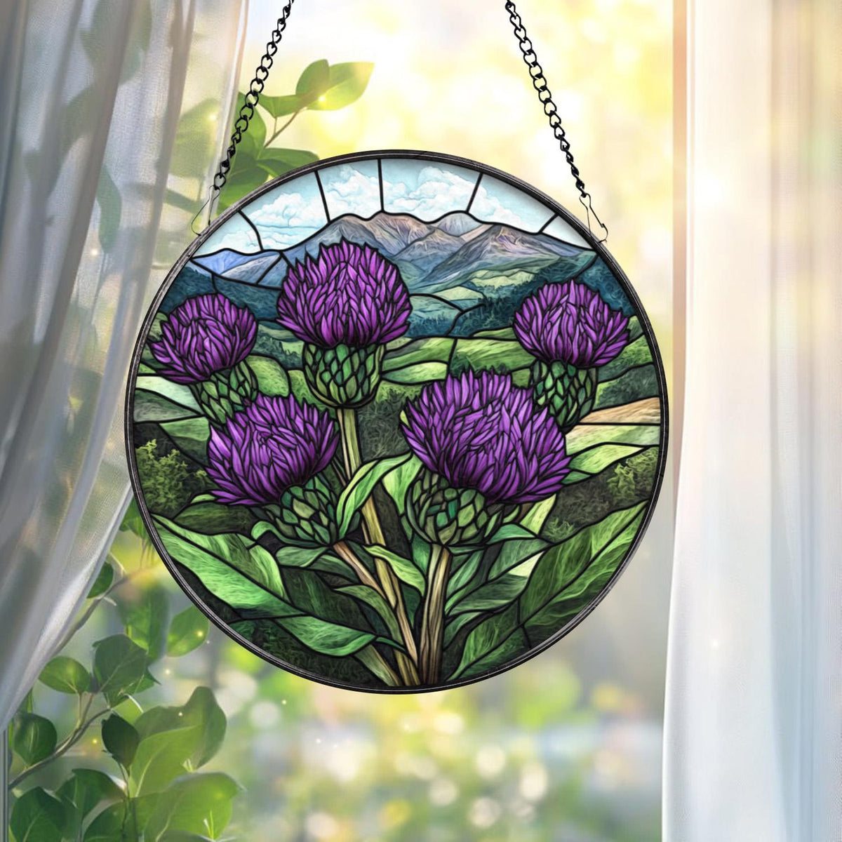 Scottish Thistle Stained Glass Suncatcher, Highland Floral Window Hanging, Purple Flower Round Panel, Nature Gift for Garden & Celtic Lovers