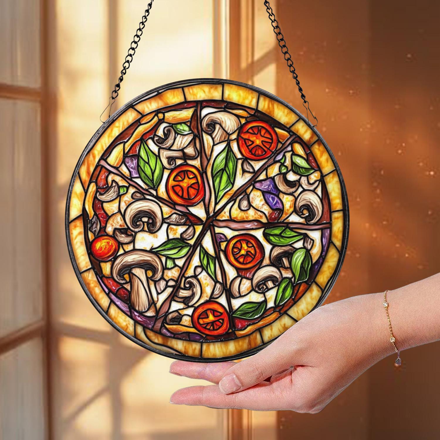 Pizza Stained Glass Suncatcher, Foodie Window Hanging Decor, Round Kitchen Art Panel, Funny Gift for Pizza Lovers & Chefs