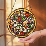 Pizza Stained Glass Suncatcher, Foodie Window Hanging Decor, Round Kitchen Art Panel, Funny Gift for Pizza Lovers & Chefs
