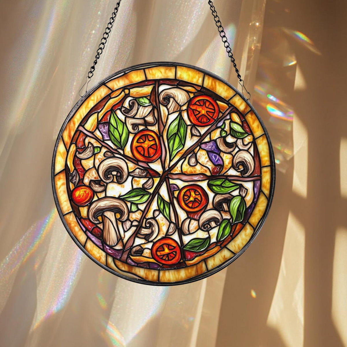 Pizza Stained Glass Suncatcher, Foodie Window Hanging Decor, Round Kitchen Art Panel, Funny Gift for Pizza Lovers & Chefs