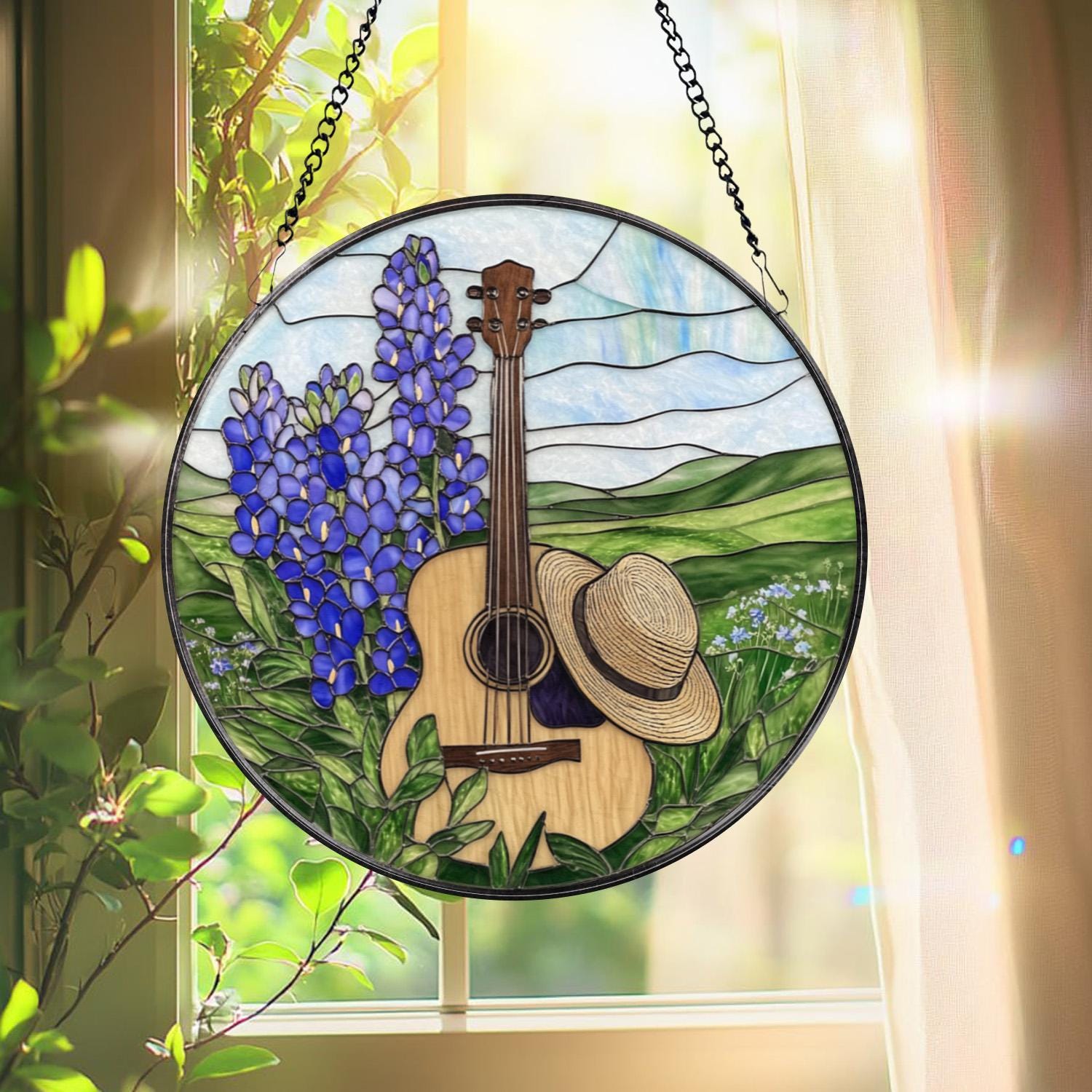 Guitar & Hat Stained Glass Suncatcher, Country Window Hanging with Bluebonnets, Rustic Music Decor, Round Farmhouse Panel Gift