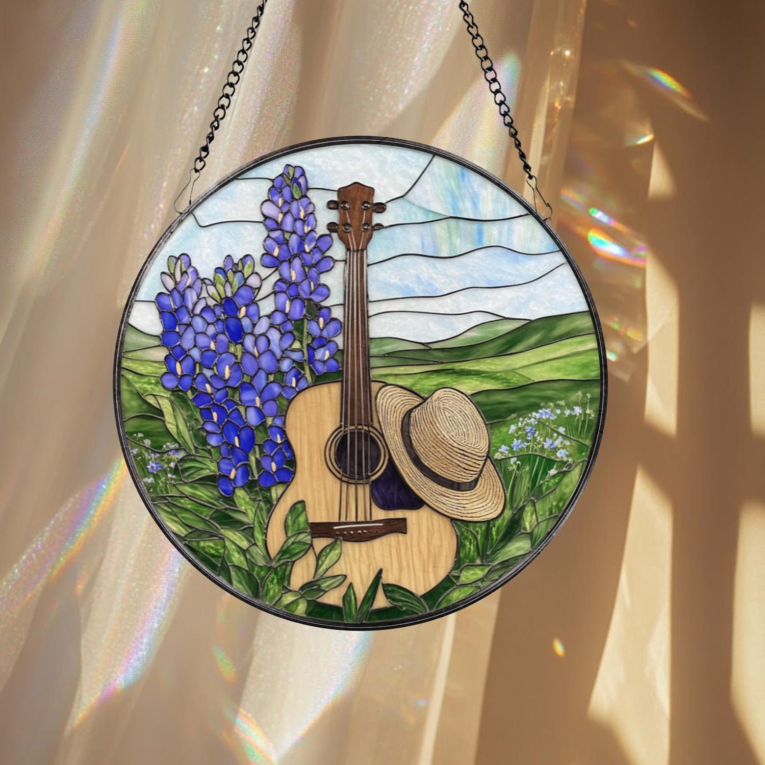 Guitar & Hat Stained Glass Suncatcher, Country Window Hanging with Bluebonnets, Rustic Music Decor, Round Farmhouse Panel Gift