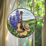 Guitar & Hat Stained Glass Suncatcher, Country Window Hanging with Bluebonnets, Rustic Music Decor, Round Farmhouse Panel Gift