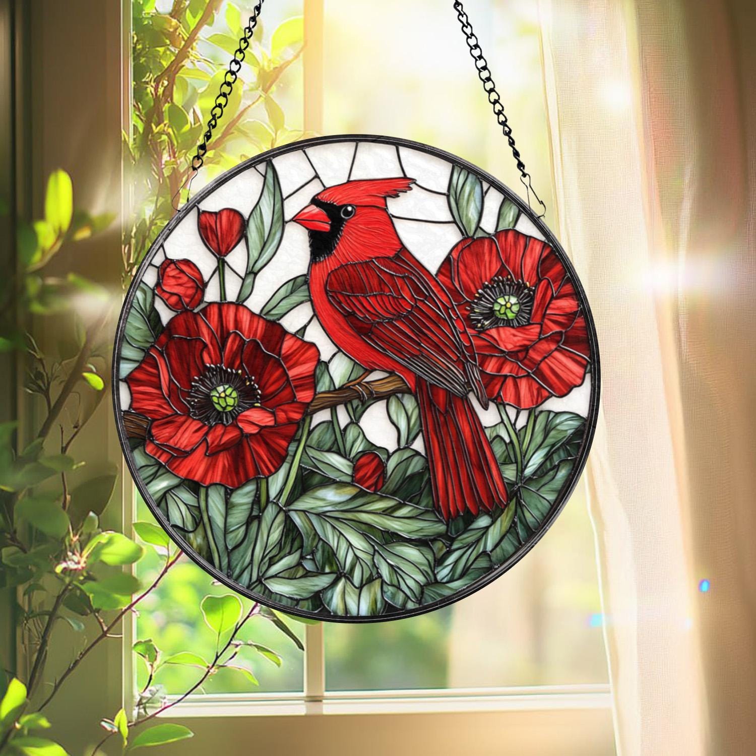 Cardinal and Red Poppy Stained Glass Suncatcher, Round Floral Window Hanging, Red Bird Sun Catcher Gift for Nature Lovers & Garden Decor