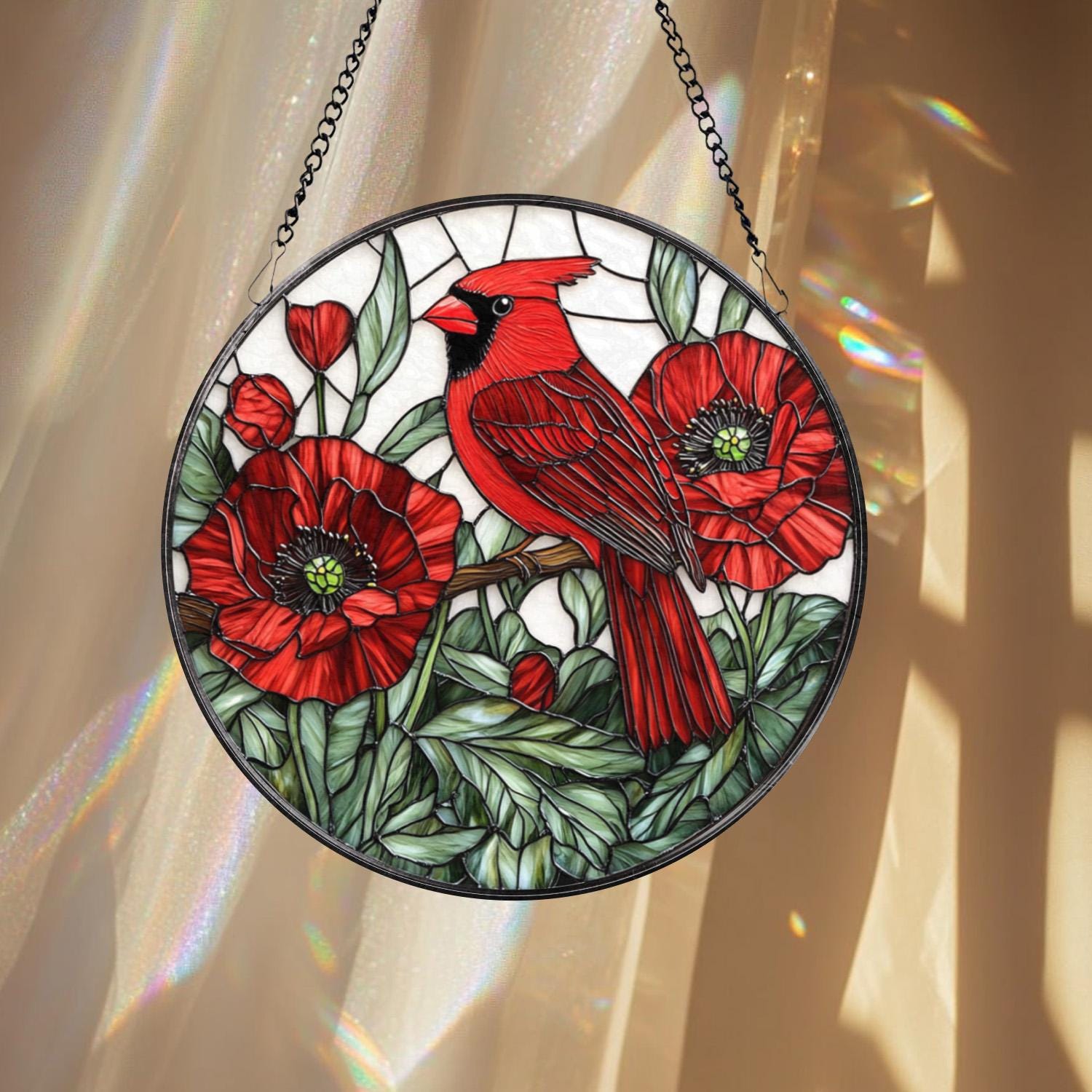 Cardinal and Red Poppy Stained Glass Suncatcher, Round Floral Window Hanging, Red Bird Sun Catcher Gift for Nature Lovers & Garden Decor
