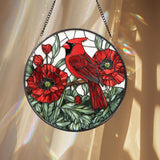 Cardinal and Red Poppy Stained Glass Suncatcher, Round Floral Window Hanging, Red Bird Sun Catcher Gift for Nature Lovers & Garden Decor