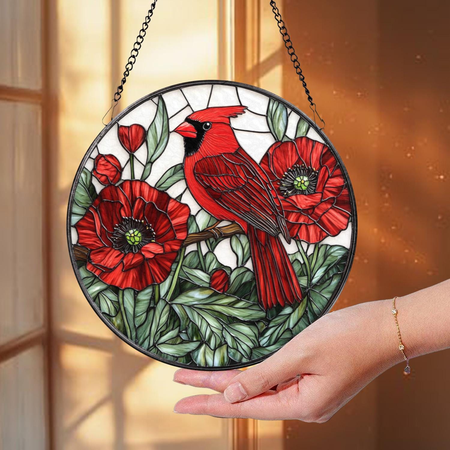 Cardinal and Red Poppy Stained Glass Suncatcher, Round Floral Window Hanging, Red Bird Sun Catcher Gift for Nature Lovers & Garden Decor
