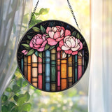 Books and Peonies Stained Glass Suncatcher, Round Floral Library Window Hanging, Reading Nook Decor, Gift for Book Lovers and Gardeners
