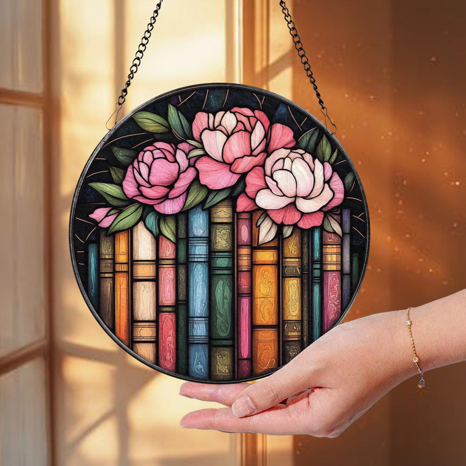 Books and Peonies Stained Glass Suncatcher, Round Floral Library Window Hanging, Reading Nook Decor, Gift for Book Lovers and Gardeners