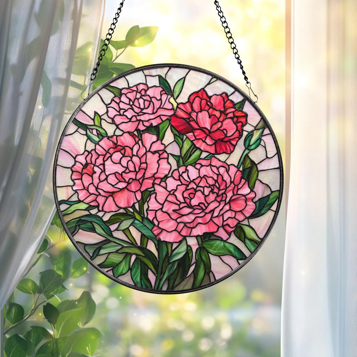Pink Carnation Stained Glass Suncatcher, Round Floral Window Hanging, Mother’s Day Gift, Elegant Garden Panel for Flower Lovers