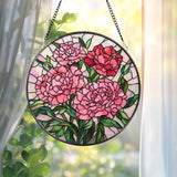Pink Carnation Stained Glass Suncatcher, Round Floral Window Hanging, Mother’s Day Gift, Elegant Garden Panel for Flower Lovers