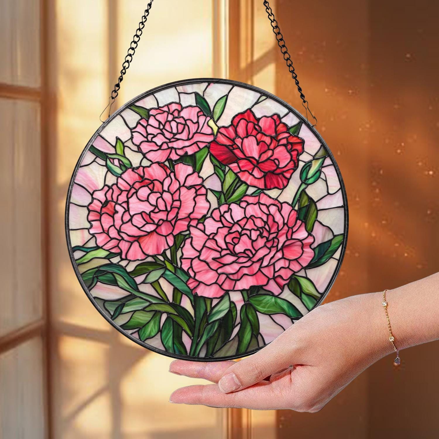 Pink Carnation Stained Glass Suncatcher, Round Floral Window Hanging, Mother’s Day Gift, Elegant Garden Panel for Flower Lovers