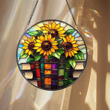 Sunflowers and Books Stained Glass Suncatcher, Round Window Hanging Panel, Floral Reading Nook Decor, Gift for Teachers and Book Lovers
