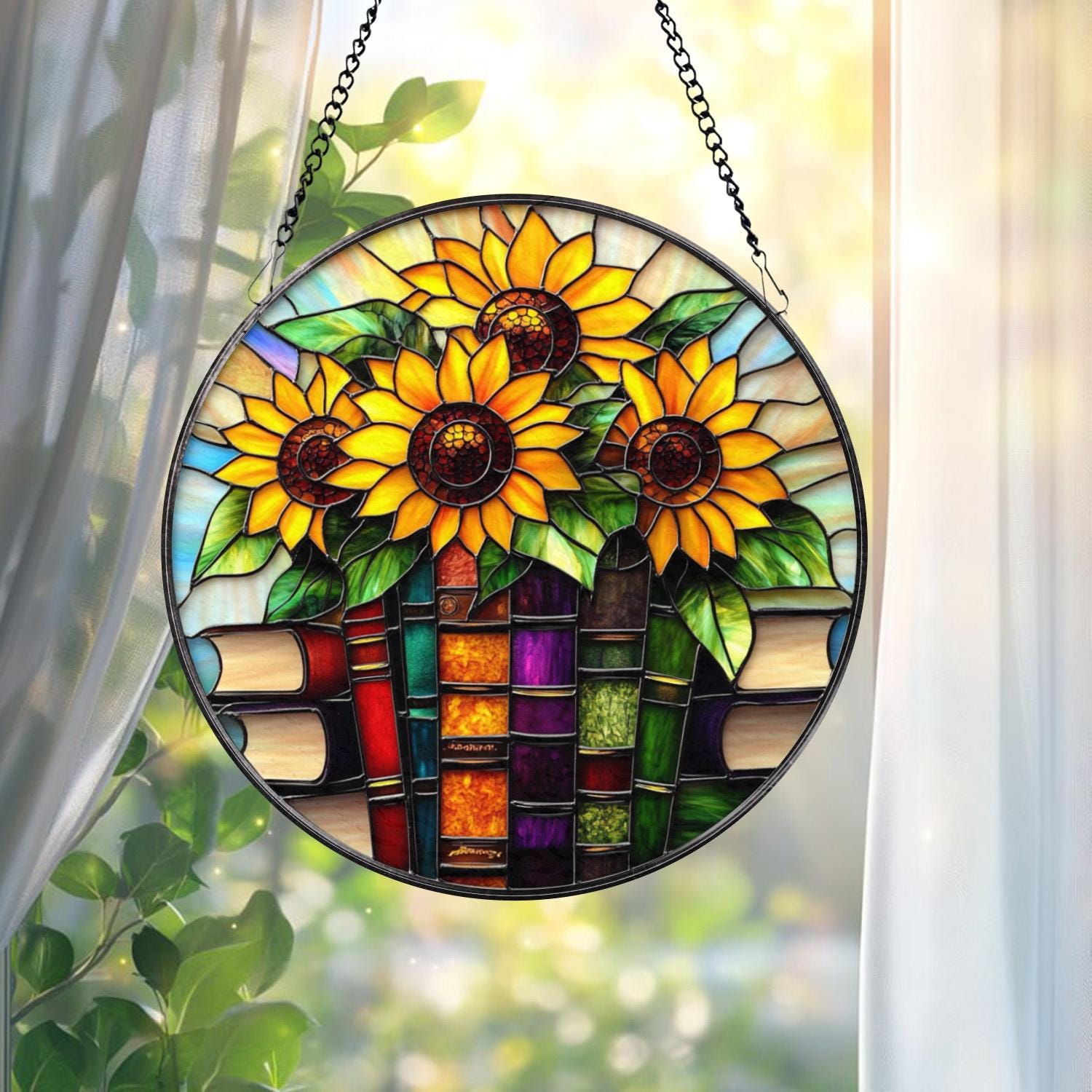 Sunflowers and Books Stained Glass Suncatcher, Round Window Hanging Panel, Floral Reading Nook Decor, Gift for Teachers and Book Lovers