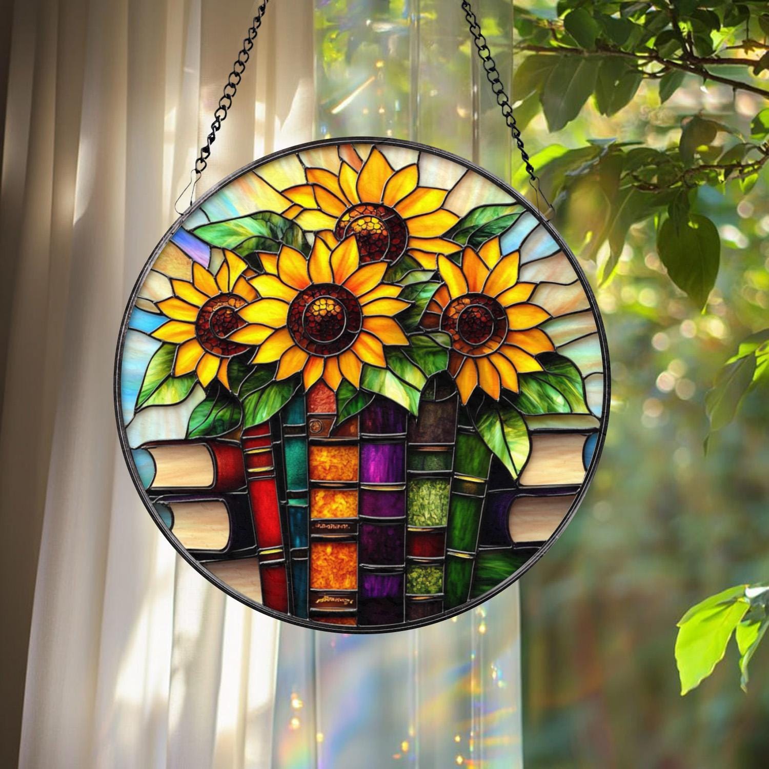Sunflowers and Books Stained Glass Suncatcher, Round Window Hanging Panel, Floral Reading Nook Decor, Gift for Teachers and Book Lovers