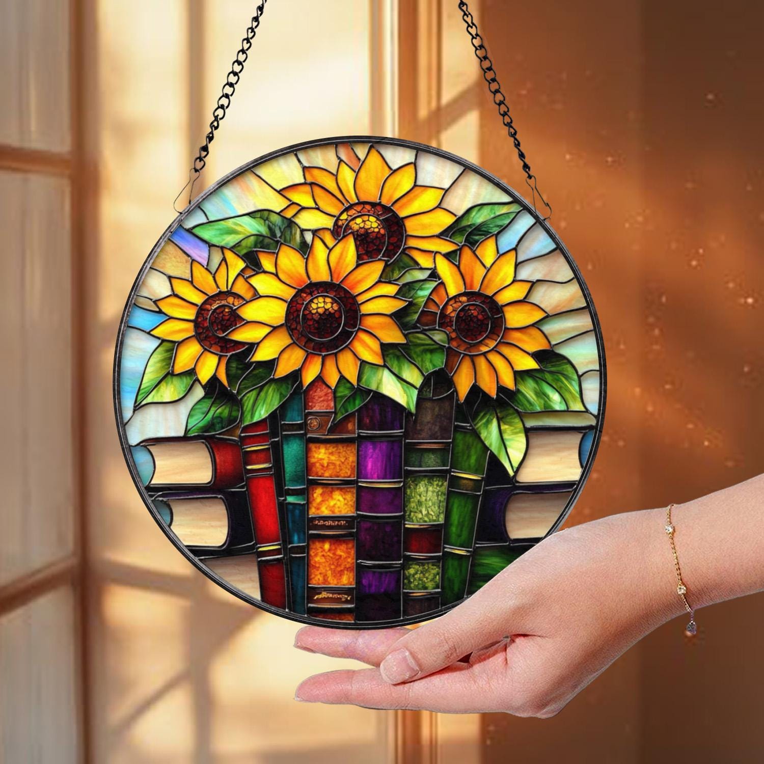 Sunflowers and Books Stained Glass Suncatcher, Round Window Hanging Panel, Floral Reading Nook Decor, Gift for Teachers and Book Lovers