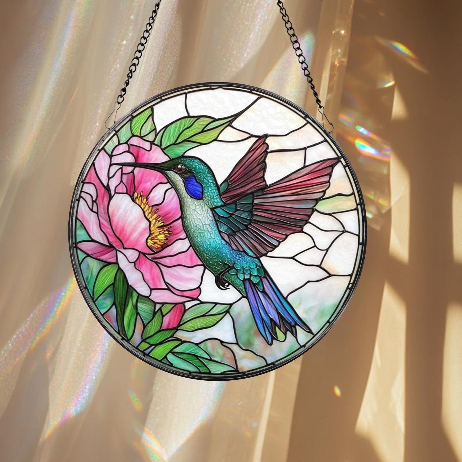 Hummingbird and Pink Peony Stained Glass Suncatcher, Floral Round Window Hanging Panel, Garden Bird Decor, Nature Lover Gift, Spring Art