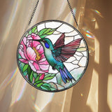 Hummingbird and Pink Peony Stained Glass Suncatcher, Floral Round Window Hanging Panel, Garden Bird Decor, Nature Lover Gift, Spring Art