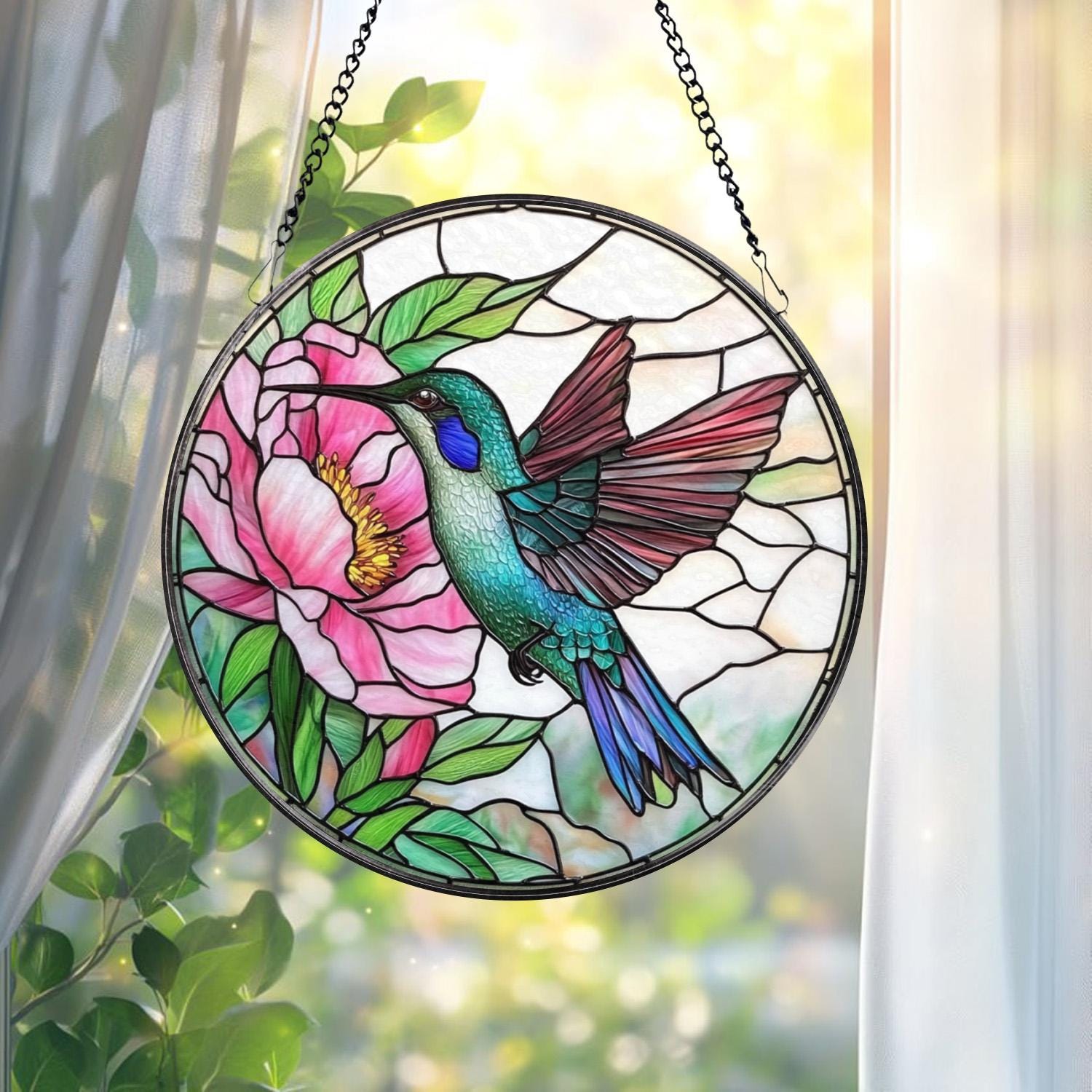 Hummingbird and Pink Peony Stained Glass Suncatcher, Floral Round Window Hanging Panel, Garden Bird Decor, Nature Lover Gift, Spring Art
