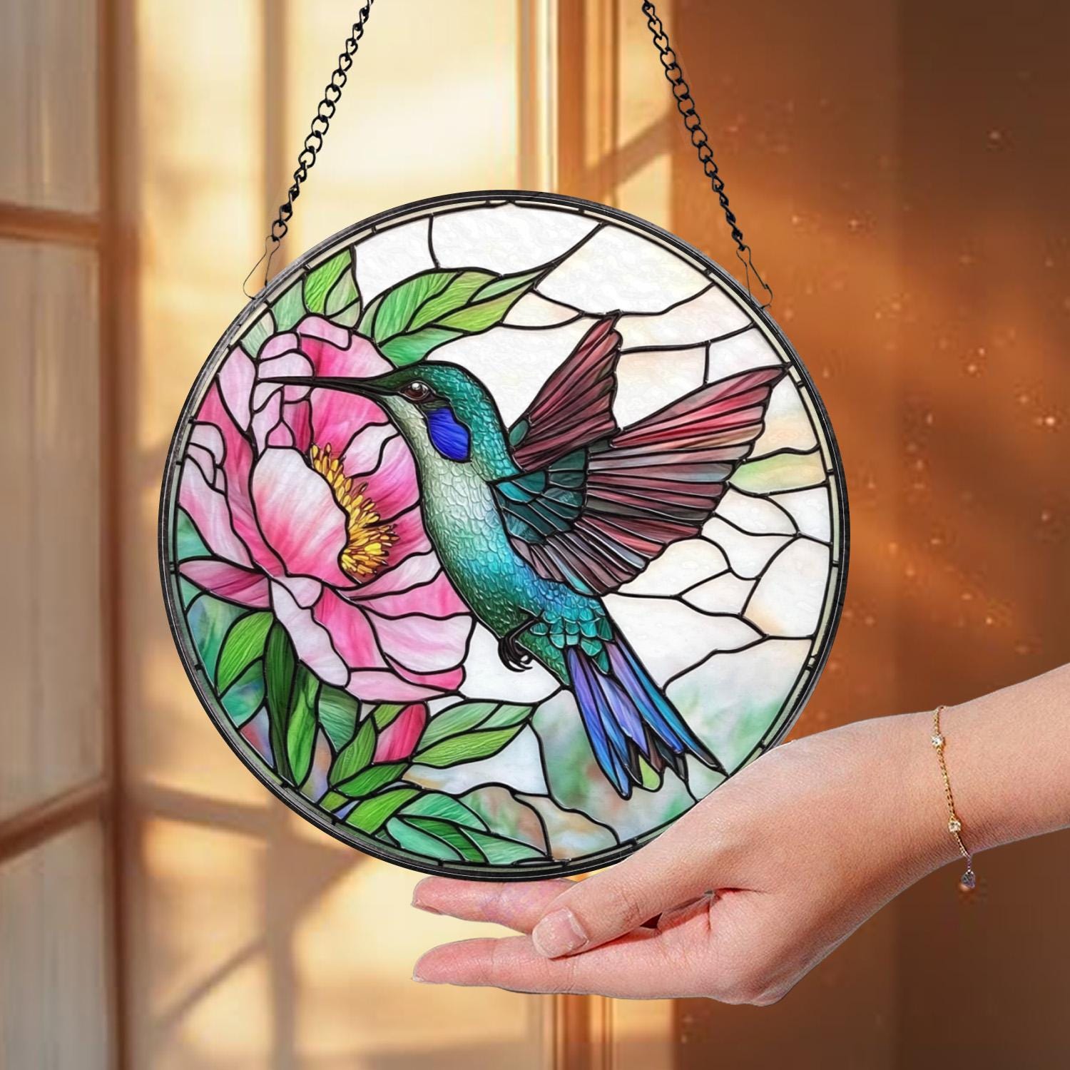 Hummingbird and Pink Peony Stained Glass Suncatcher, Floral Round Window Hanging Panel, Garden Bird Decor, Nature Lover Gift, Spring Art