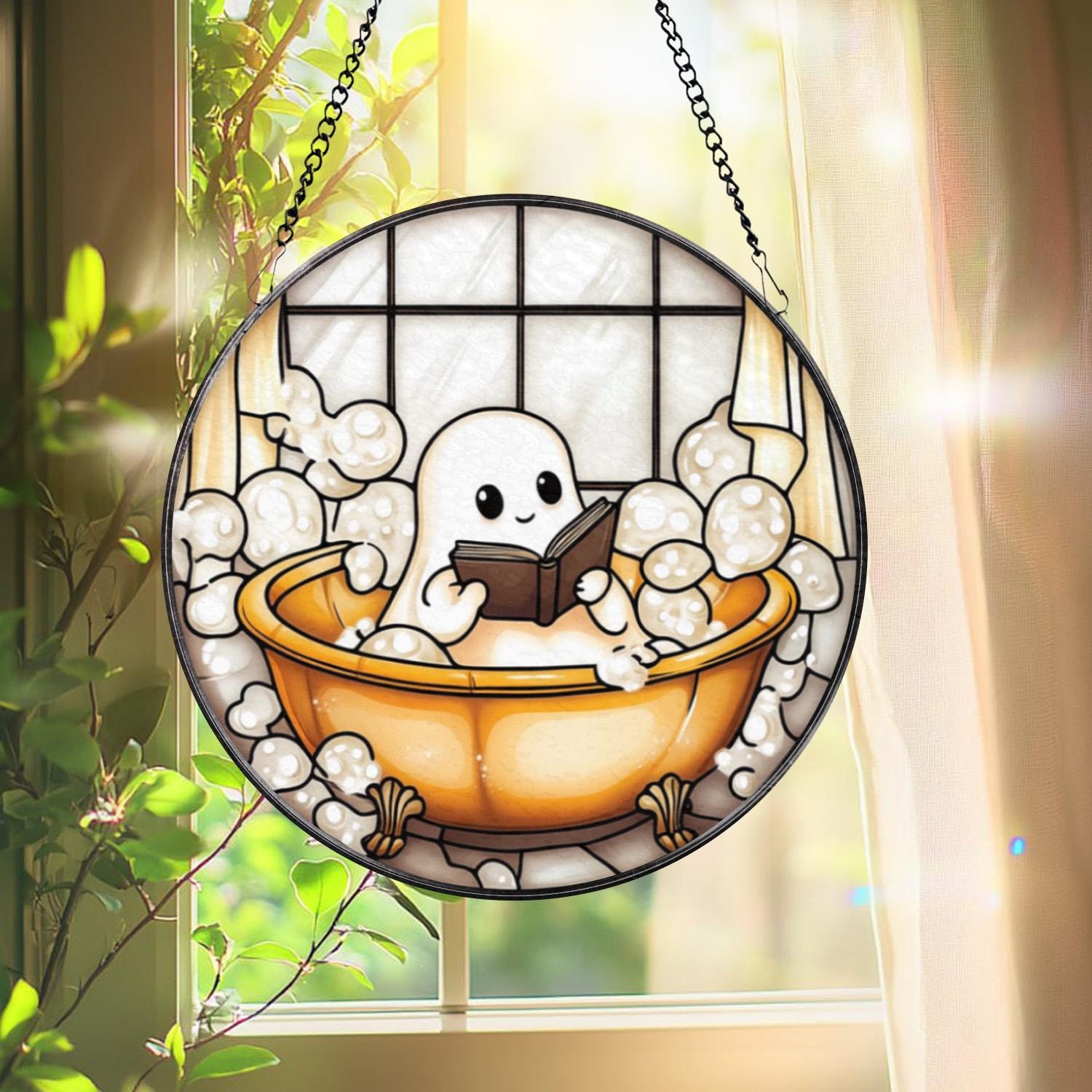 Cute Ghost in Bathtub Stained Glass Suncatcher, Funny Reading Ghost Bathroom Decor, Book Lover Window Panel, Spooky Cute Halloween Gift