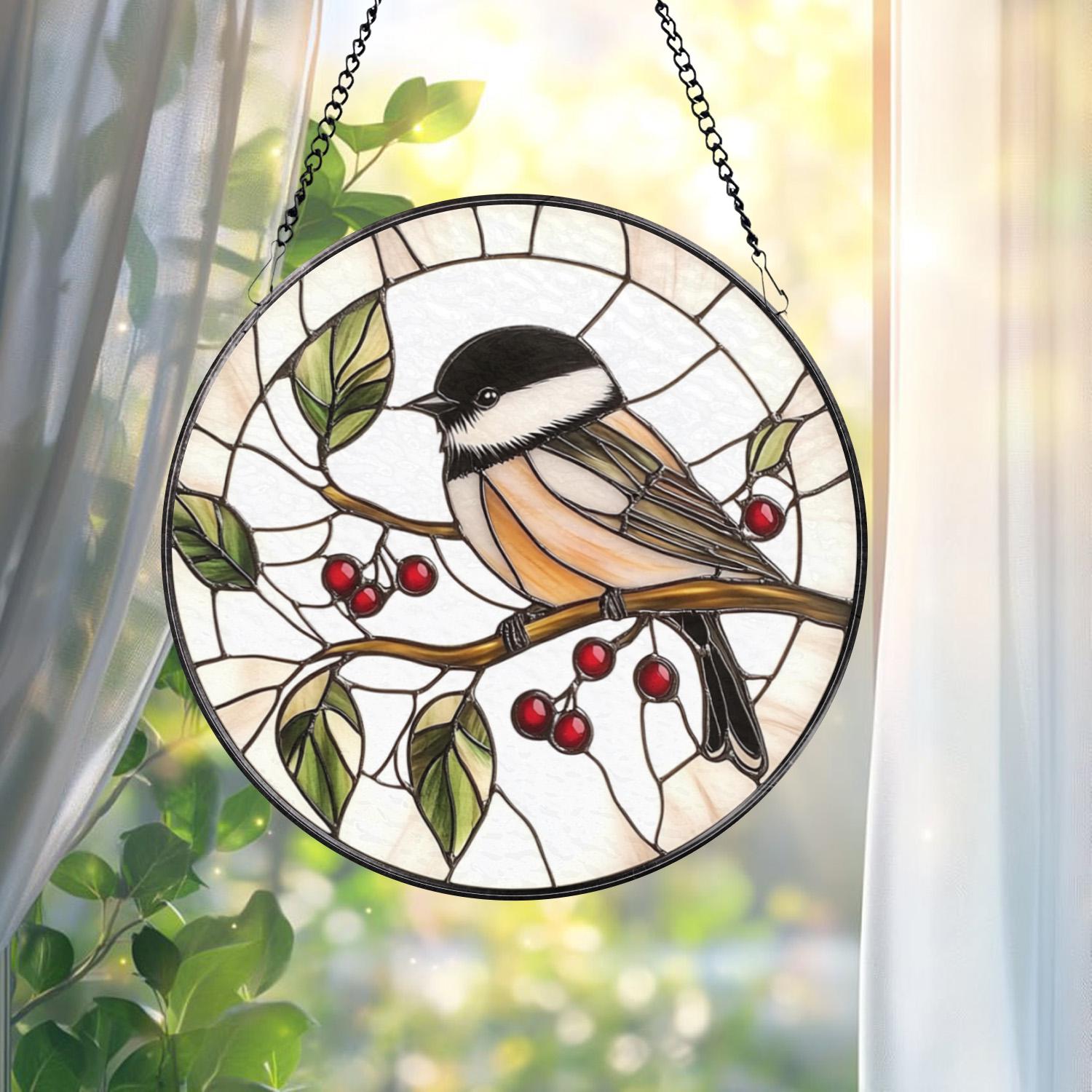 Chickadee Bird Stained Glass Suncatcher, Round Window Hanging Panel, Black-Capped Chickadee Decor, Nature Lover Gift, Bird Art Glass
