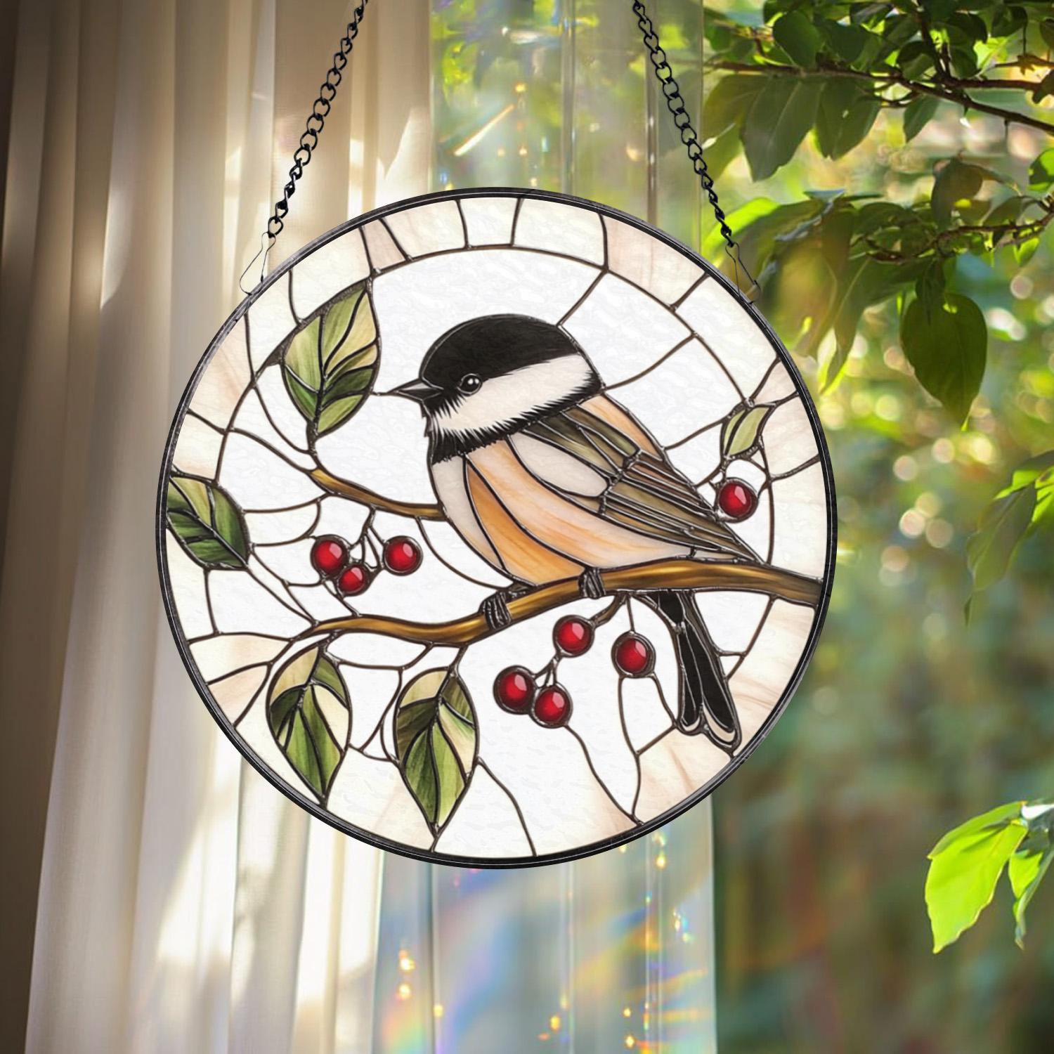 Chickadee Bird Stained Glass Suncatcher, Round Window Hanging Panel, Black-Capped Chickadee Decor, Nature Lover Gift, Bird Art Glass