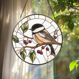 Chickadee Bird Stained Glass Suncatcher, Round Window Hanging Panel, Black-Capped Chickadee Decor, Nature Lover Gift, Bird Art Glass