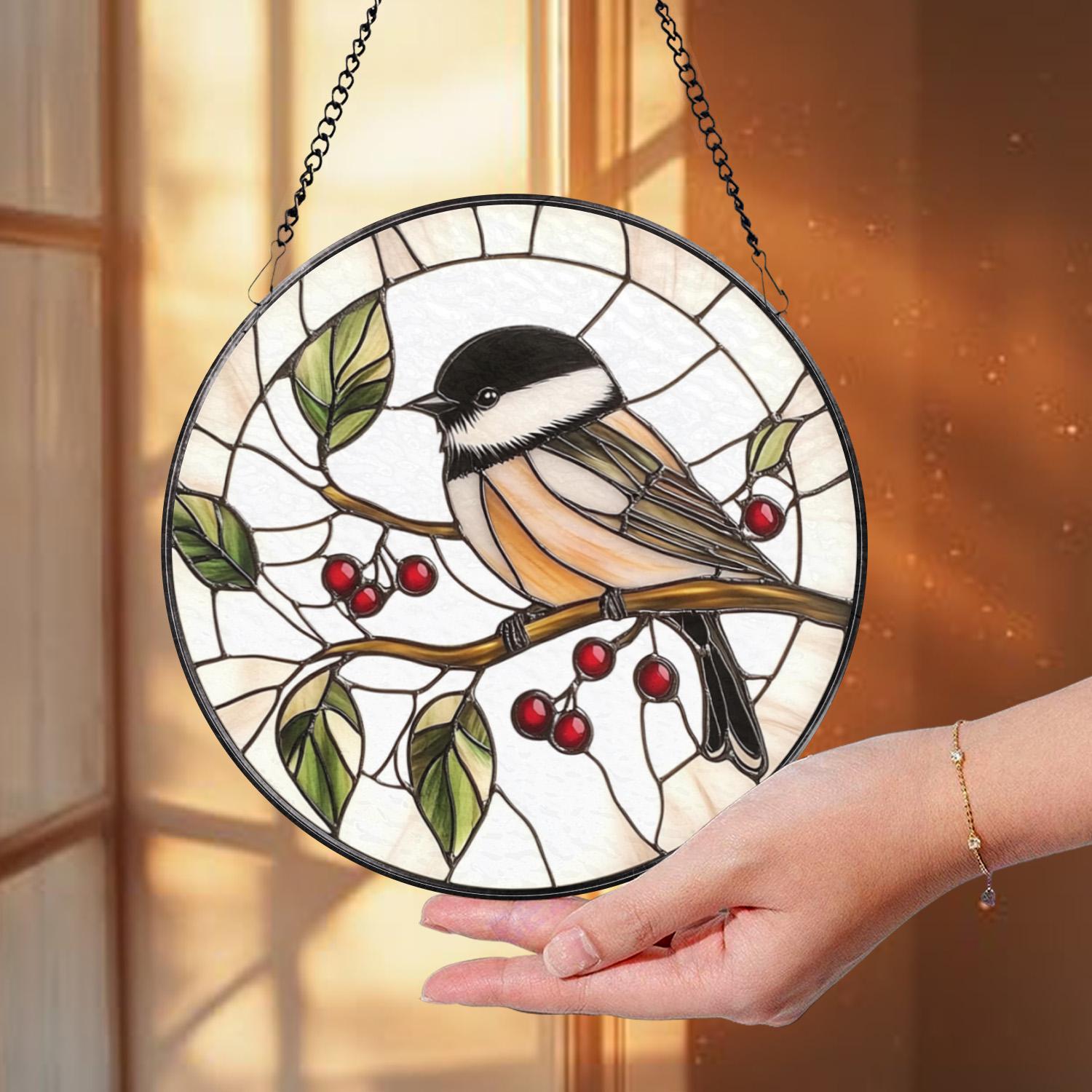 Chickadee Bird Stained Glass Suncatcher, Round Window Hanging Panel, Black-Capped Chickadee Decor, Nature Lover Gift, Bird Art Glass