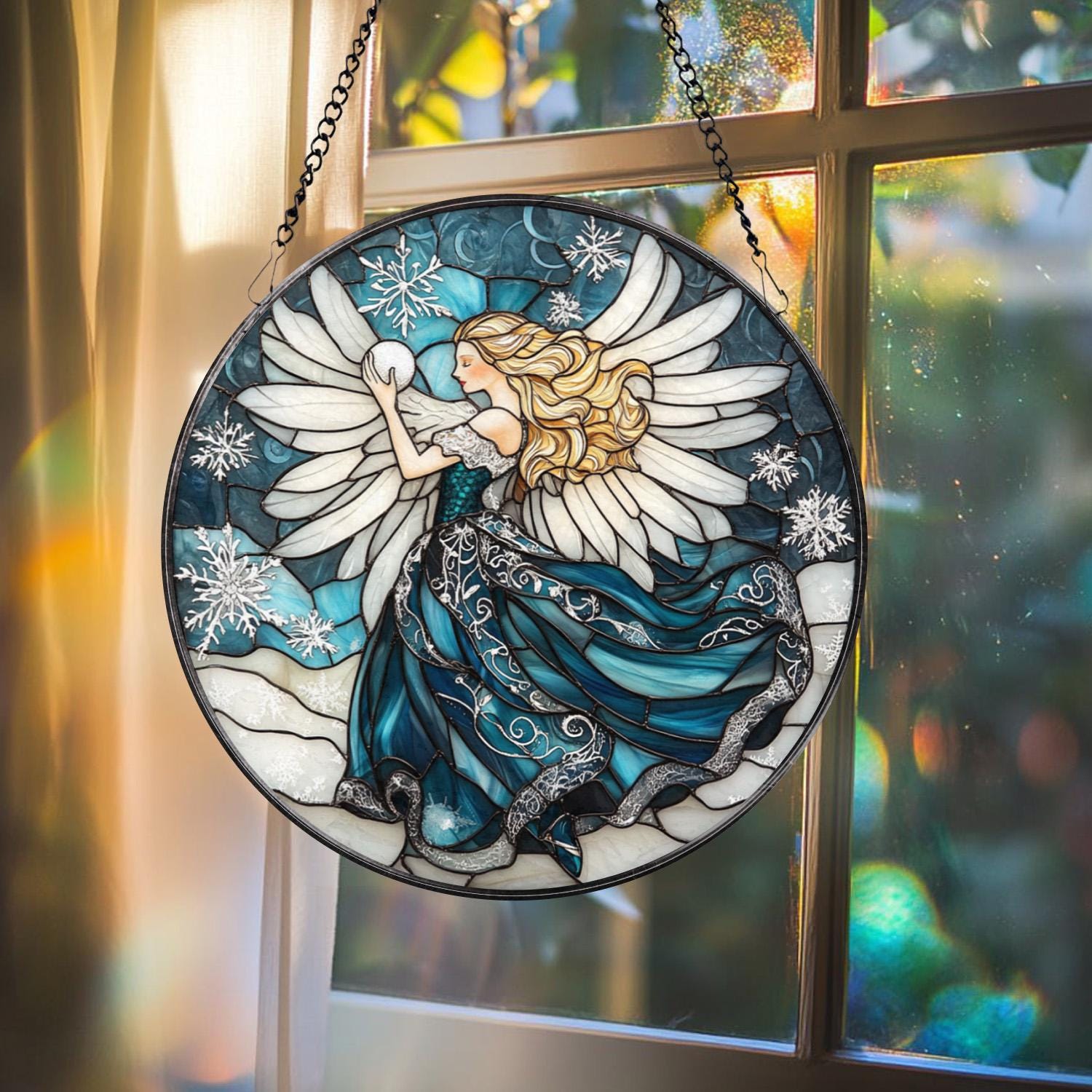 Chickadee Bird Stained Glass Suncatcher, Round Window Hanging Panel, Black-Capped Chickadee Decor, Nature Lover Gift, Bird Art Glass