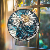 Chickadee Bird Stained Glass Suncatcher, Round Window Hanging Panel, Black-Capped Chickadee Decor, Nature Lover Gift, Bird Art Glass
