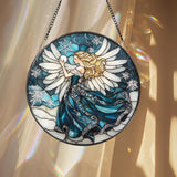 Chickadee Bird Stained Glass Suncatcher, Round Window Hanging Panel, Black-Capped Chickadee Decor, Nature Lover Gift, Bird Art Glass