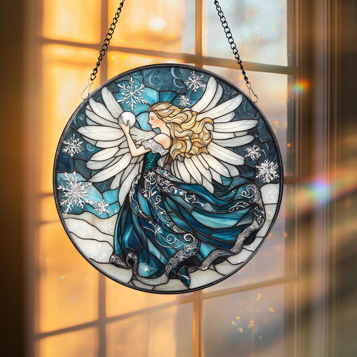 Chickadee Bird Stained Glass Suncatcher, Round Window Hanging Panel, Black-Capped Chickadee Decor, Nature Lover Gift, Bird Art Glass