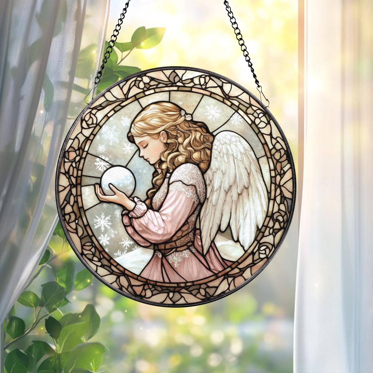 Winter Angel Stained Glass Suncatcher, Christmas Snow Window Panel, Praying Angel Sun Catcher Gift, Holiday Decor for Peaceful Home Vibes