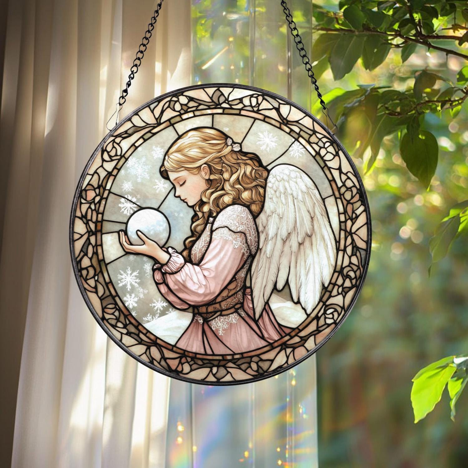 Winter Angel Stained Glass Suncatcher, Christmas Snow Window Panel, Praying Angel Sun Catcher Gift, Holiday Decor for Peaceful Home Vibes