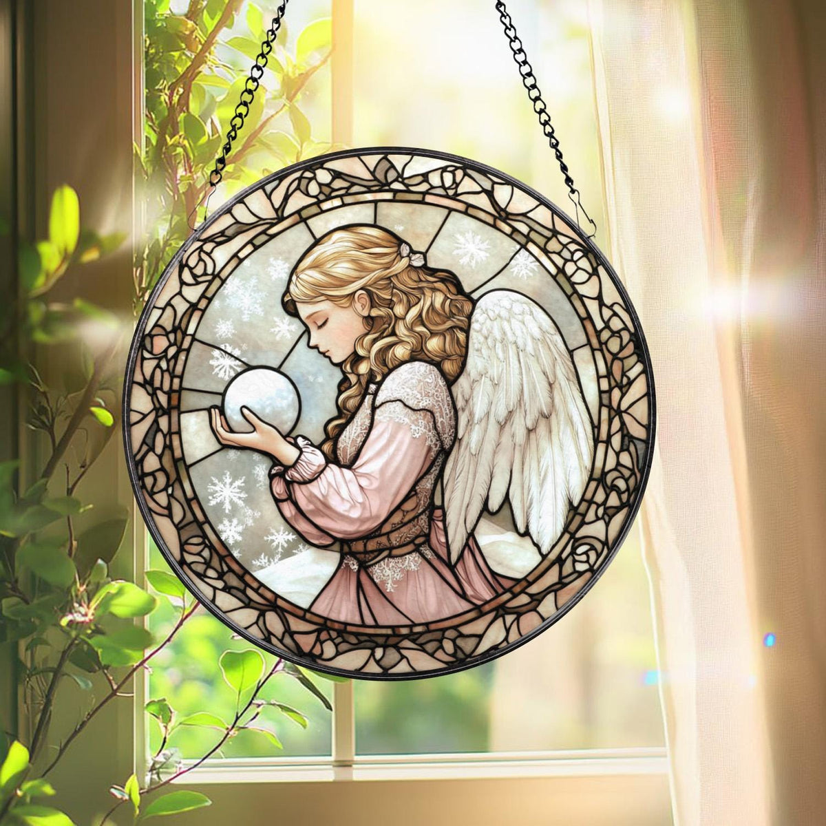 Winter Angel Stained Glass Suncatcher, Christmas Snow Window Panel, Praying Angel Sun Catcher Gift, Holiday Decor for Peaceful Home Vibes