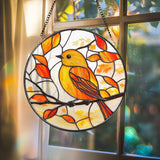 Yellow Songbird Autumn Leaves Suncatcher, Fall Stained Glass Bird Panel, Round Window Hanging Decor for Nature and Bird Lovers