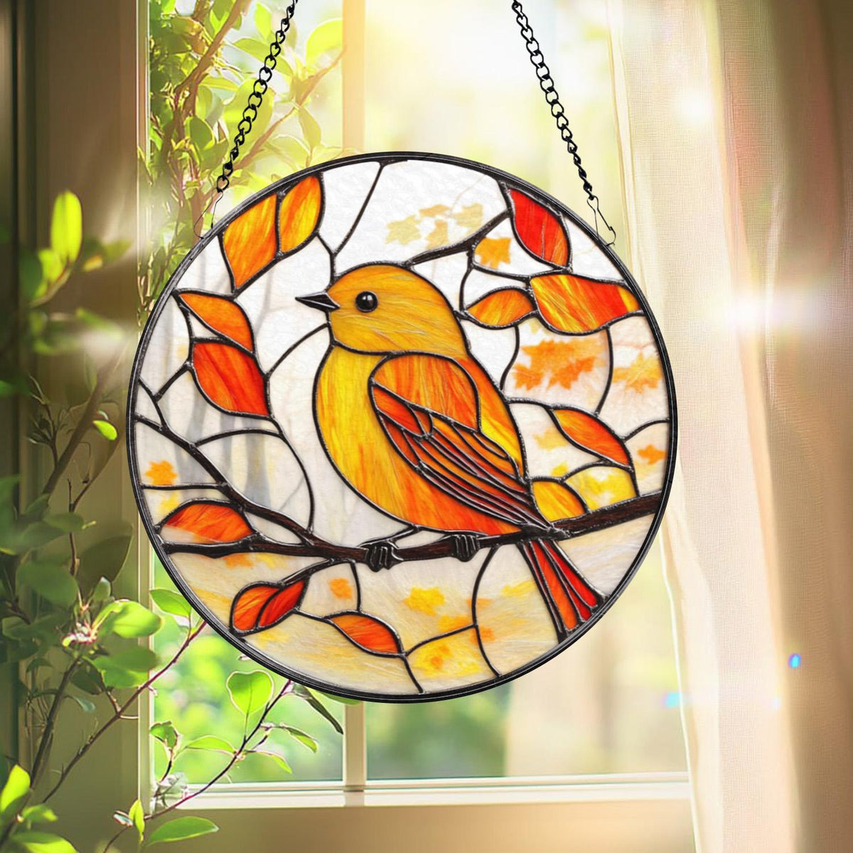 Yellow Songbird Autumn Leaves Suncatcher, Fall Stained Glass Bird Panel, Round Window Hanging Decor for Nature and Bird Lovers
