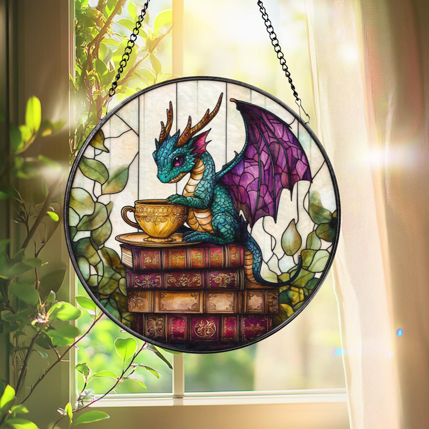 Fantasy Dragon Stained Glass Suncatcher, Cute Teal Dragon with Tea Cup on Books, Mystical Window Panel Gift for Bookworms and Fantasy Lovers