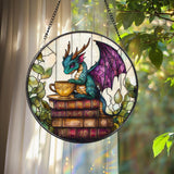 Fantasy Dragon Stained Glass Suncatcher, Cute Teal Dragon with Tea Cup on Books, Mystical Window Panel Gift for Bookworms and Fantasy Lovers
