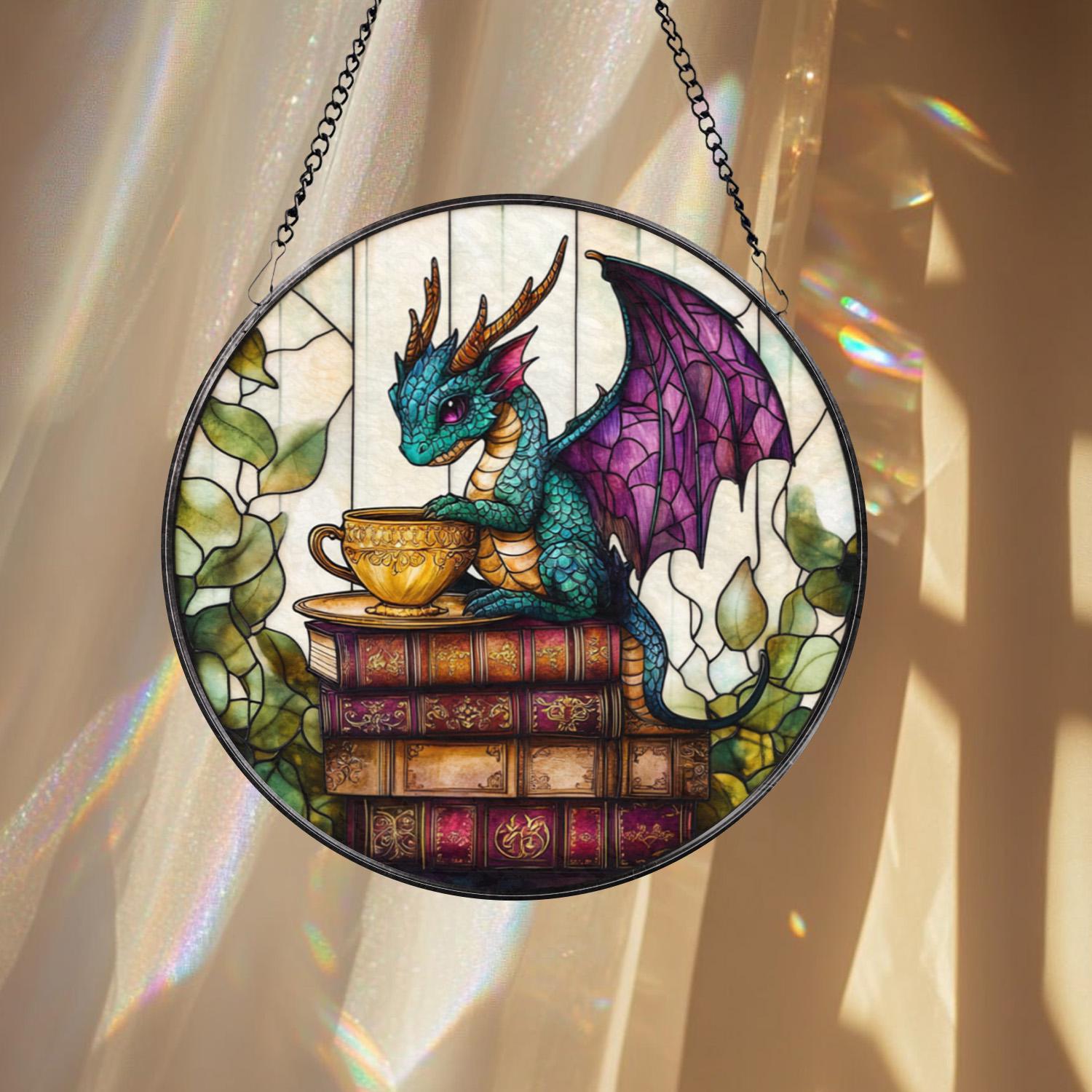 Fantasy Dragon Stained Glass Suncatcher, Cute Teal Dragon with Tea Cup on Books, Mystical Window Panel Gift for Bookworms and Fantasy Lovers